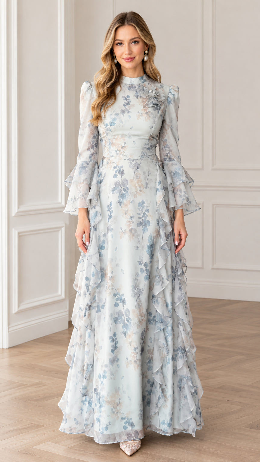 Front view of woman wearing Light Blue floral high-neck maxi dress with tiered ruffle bell sleeves