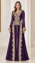 Front full view of purple embroidered Moroccan caftan maxi evening dress