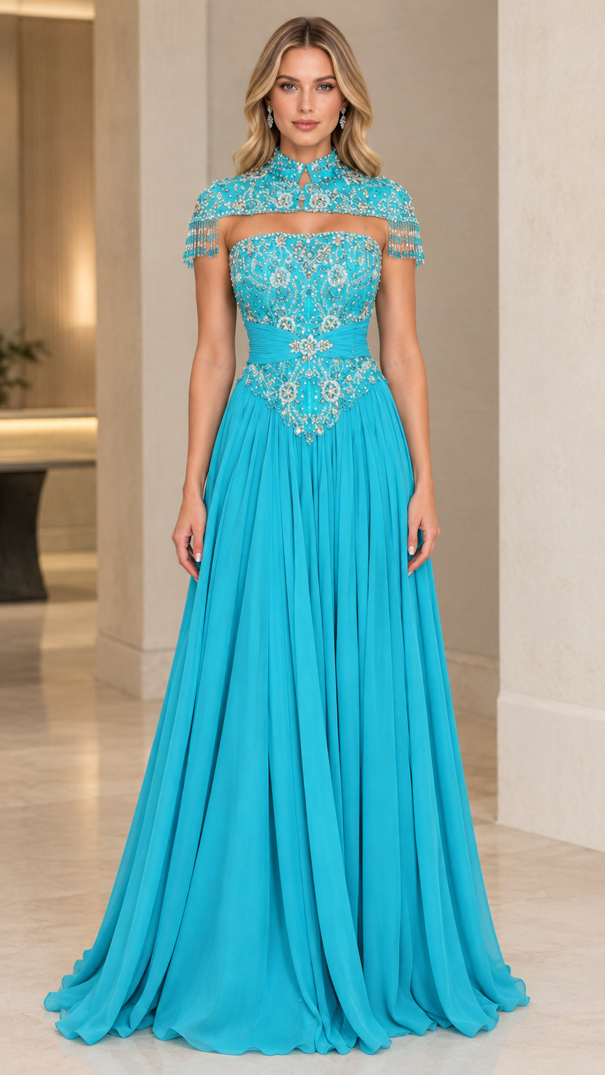 Turquoise embellished high-neck capelet evening gown front view