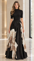 Front view of woman wearing elegant black mock neck short sleeve floral maxi dress