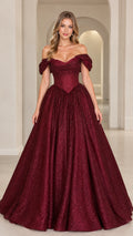 Front view of model wearing Burgundy glitter off-the-shoulder corset ball gown
