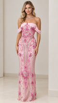 Front view of model wearing Blush Pink off-shoulder beaded evening gown
