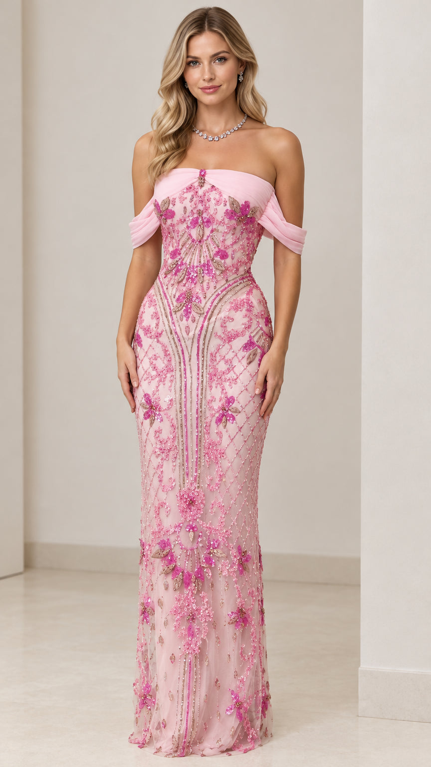 Front view of model wearing Blush Pink off-shoulder beaded evening gown