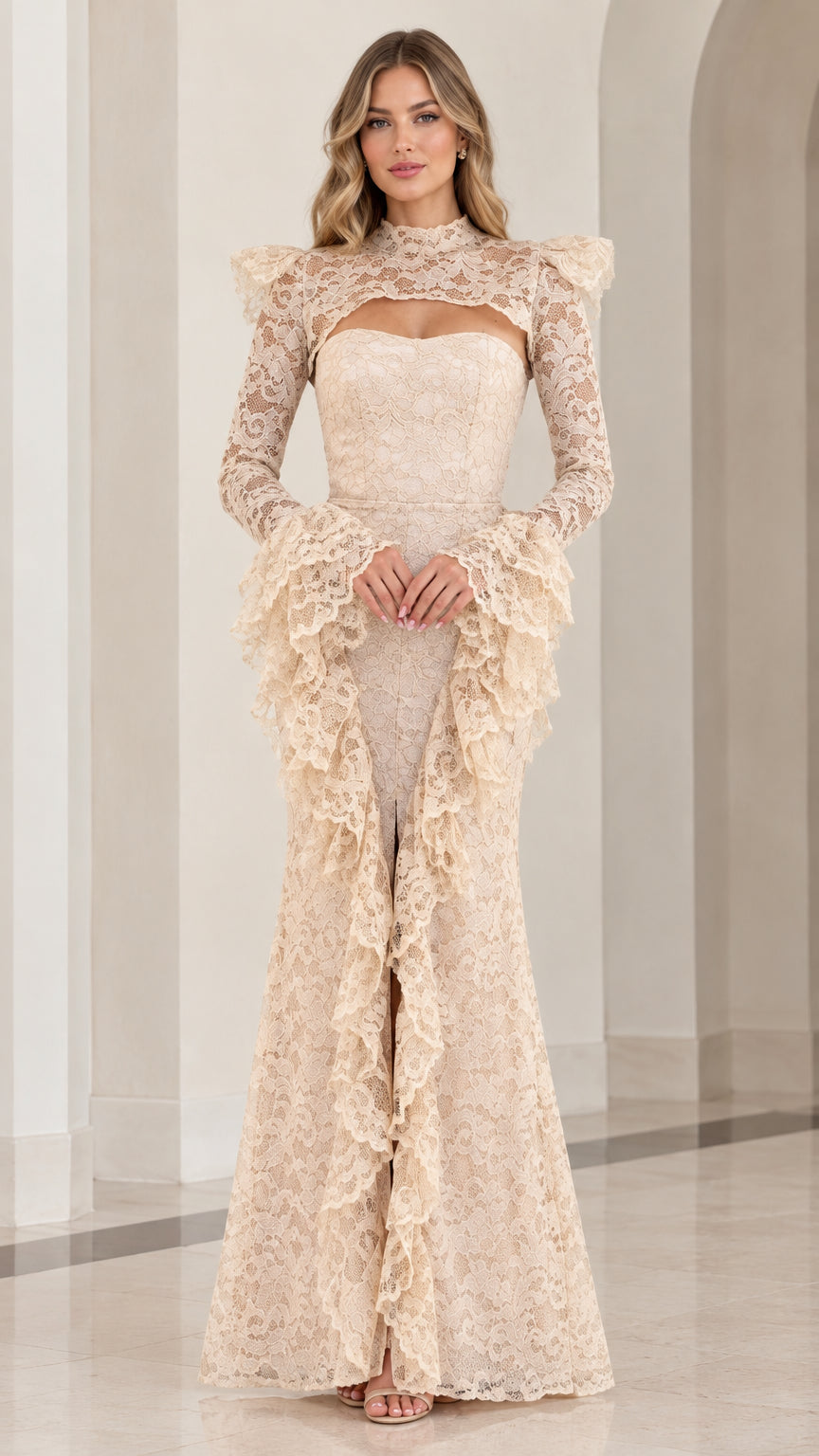 Front view of model wearing Champagne high neck tiered ruffle lace evening gown