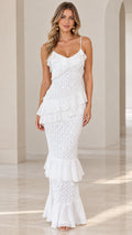 Front view of model wearing white tiered ruffle lace maxi dress