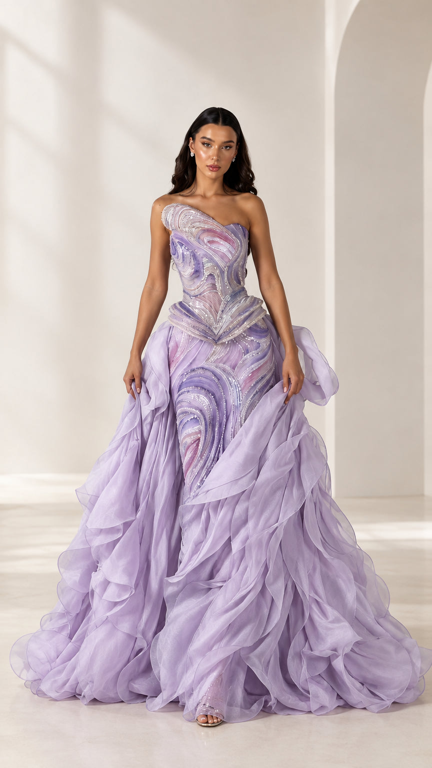 Front full-length view of model wearing lavender one-shoulder embellished ruffle formal gown