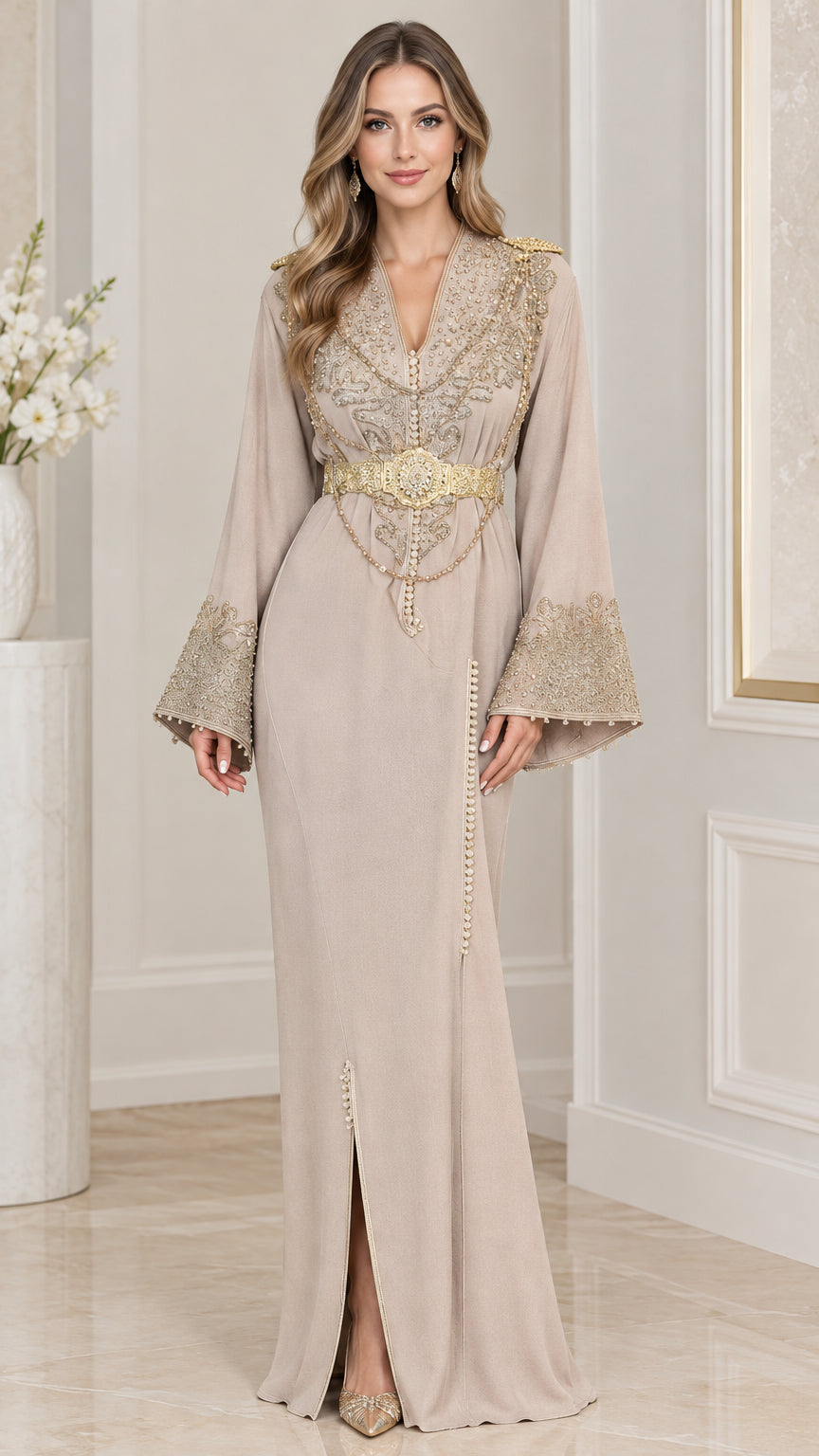 Front view of model wearing beige embroidered kaftan maxi dress with gold belt