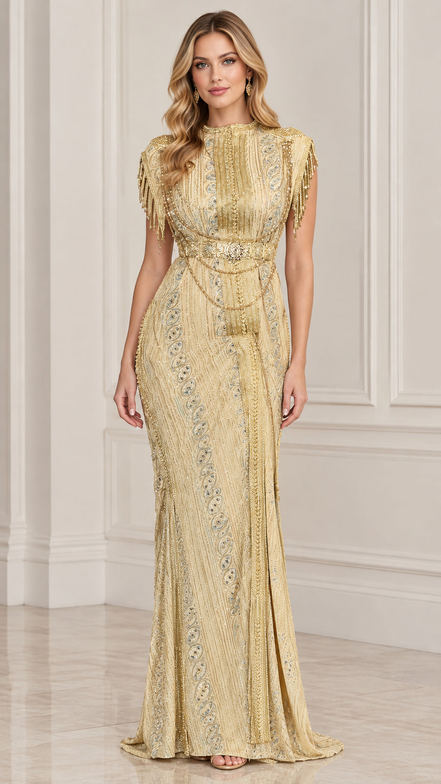 Front view of woman wearing gold high neck beaded evening gown with shoulder fringe