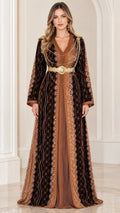 Front full-length view of brown embroidered velvet Moroccan kaftan with gold belt