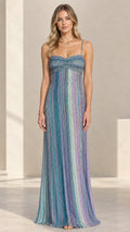 Model wearing an ocean blue multi metallic shimmer sweetheart floor-length maxi dress front view
