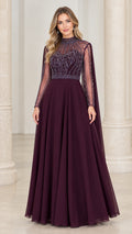 Front full-length view of plum high-neck beaded illusion long sleeve formal evening gown