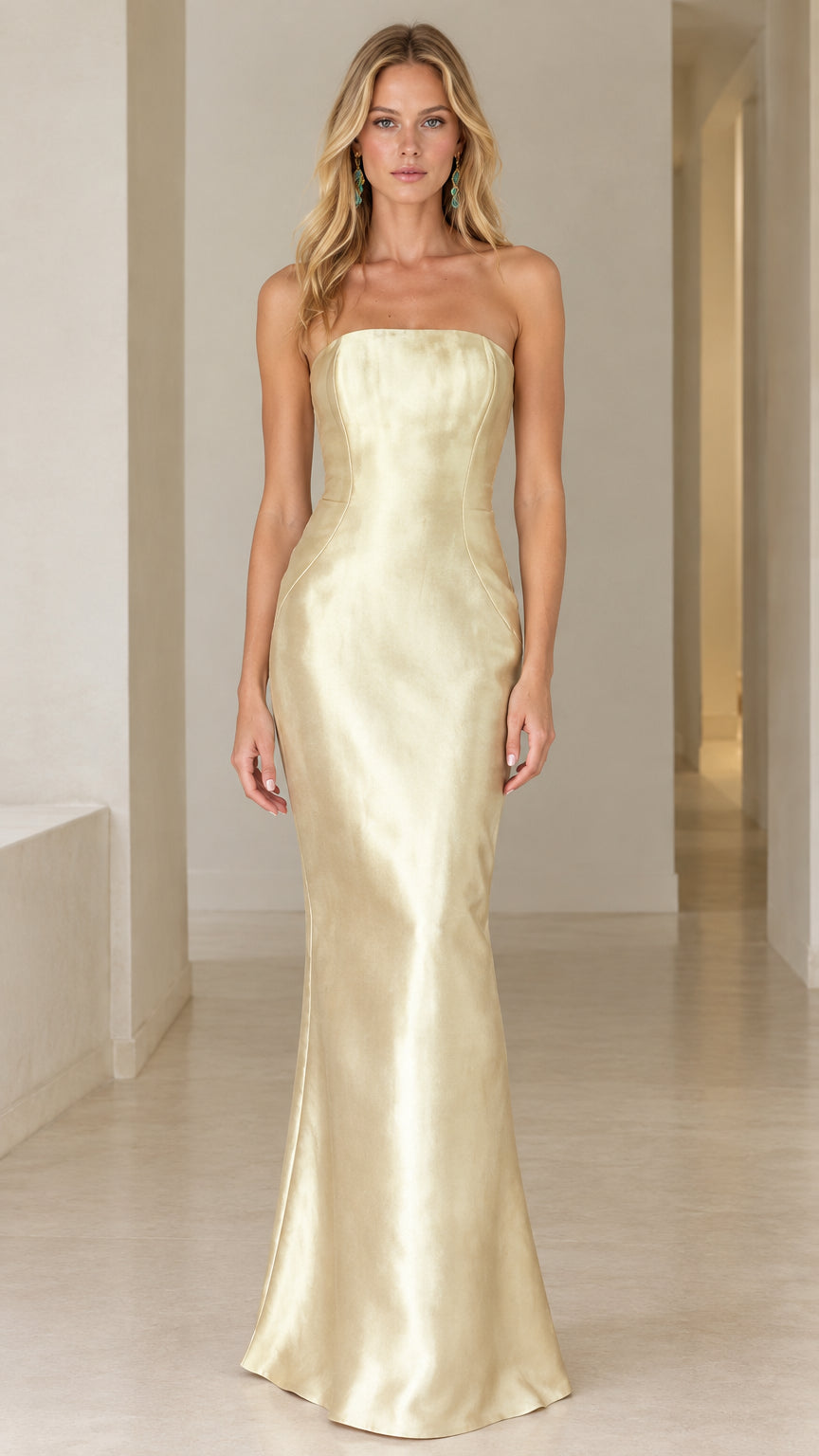 Front full-length view of model wearing champagne strapless satin evening gown