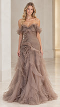 Front view of model wearing taupe off-the-shoulder tiered ruffle evening gown
