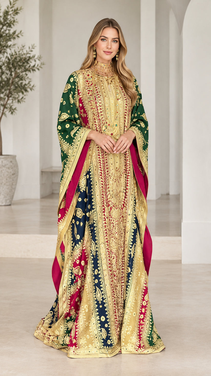 Emerald green embroidered royal kaftan maxi gown front view