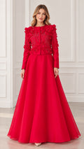 Red 3D floral applique long sleeve evening gown set front view