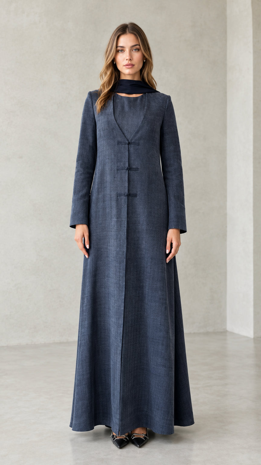 Front view of model wearing Slate Blue textured long sleeve maxi coat dress with matching scarf
