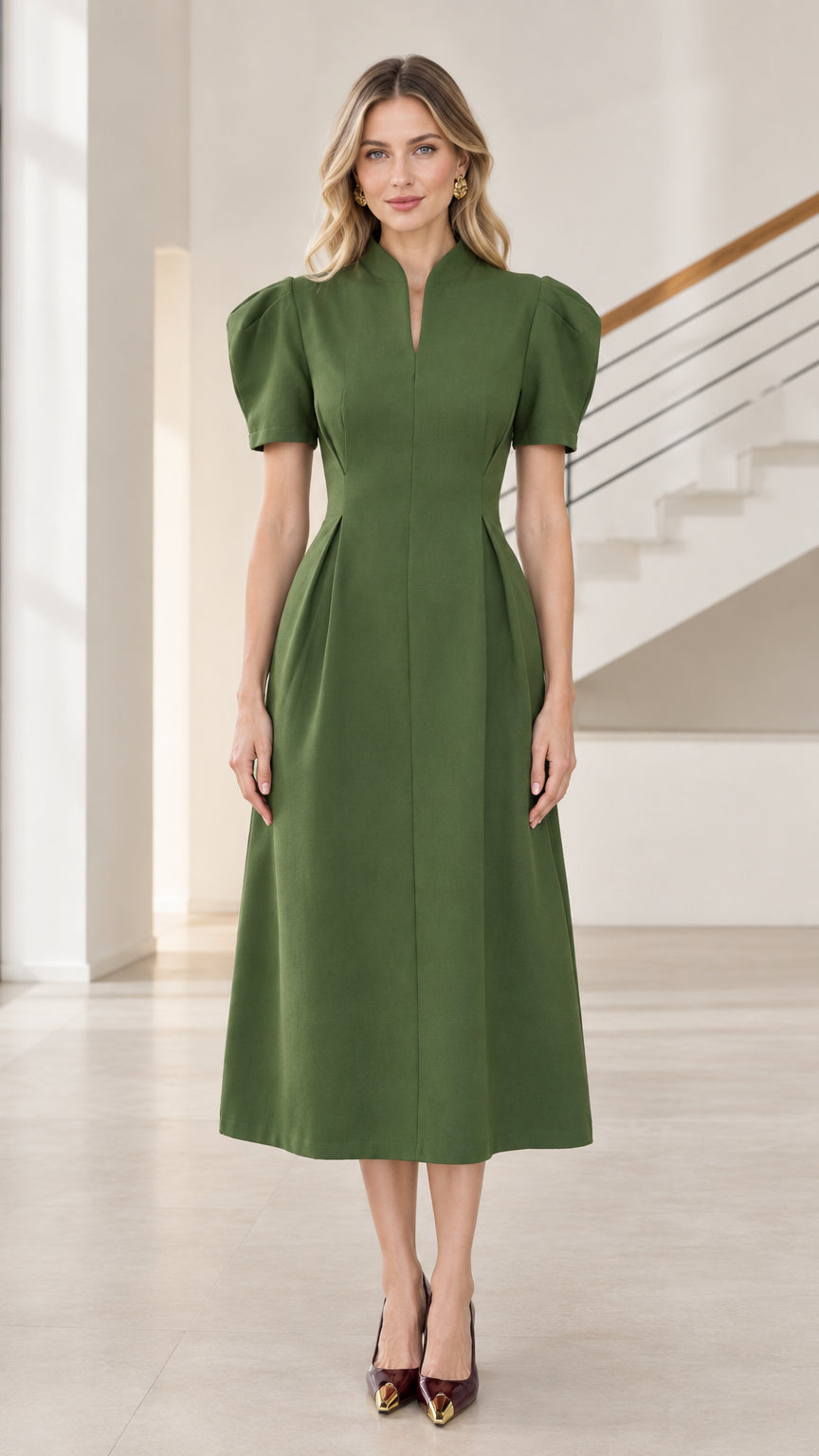 Front view of model wearing olive green mandarin collar puff sleeve A-line midi dress