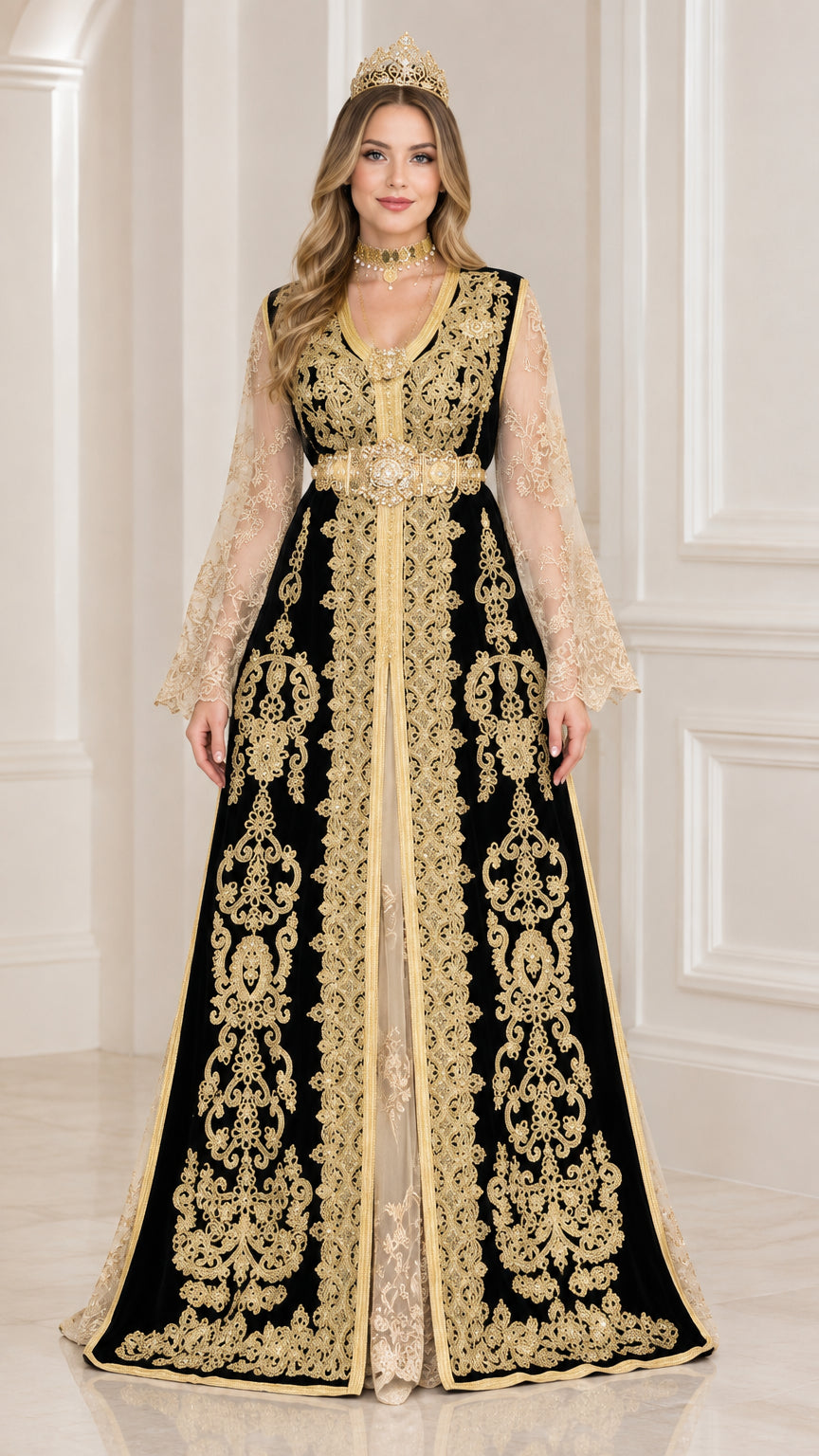 Front full-length view of black velvet Moroccan kaftan with gold embroidery