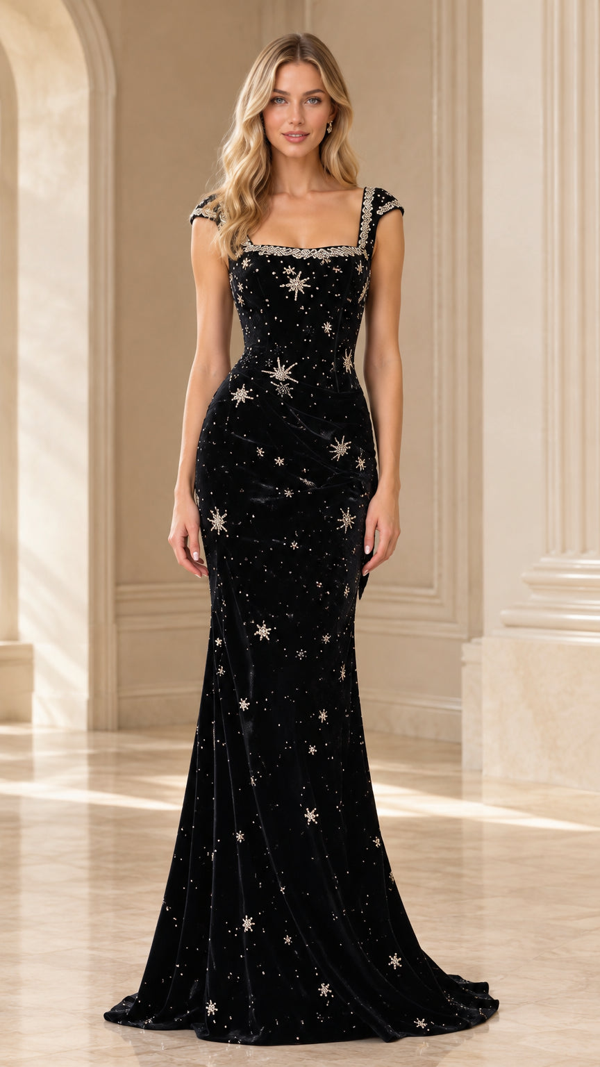 Front full-length view of black velvet celestial beaded mermaid evening gown