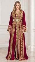 Full front view of burgundy Moroccan caftan dress with gold embroidery and belt