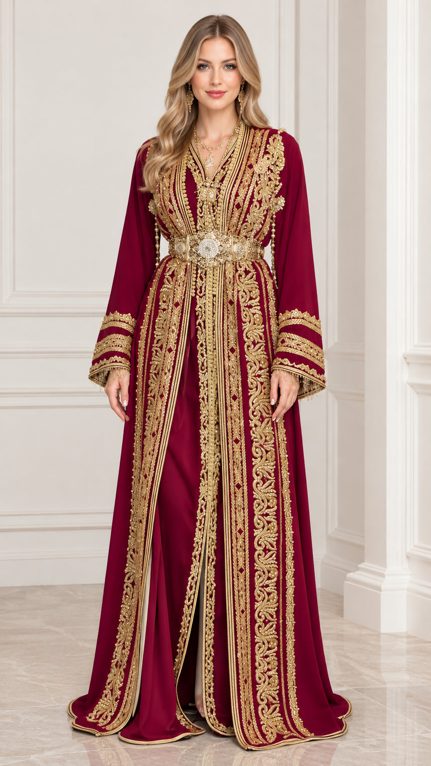 Full front view of burgundy Moroccan caftan dress with gold embroidery and belt