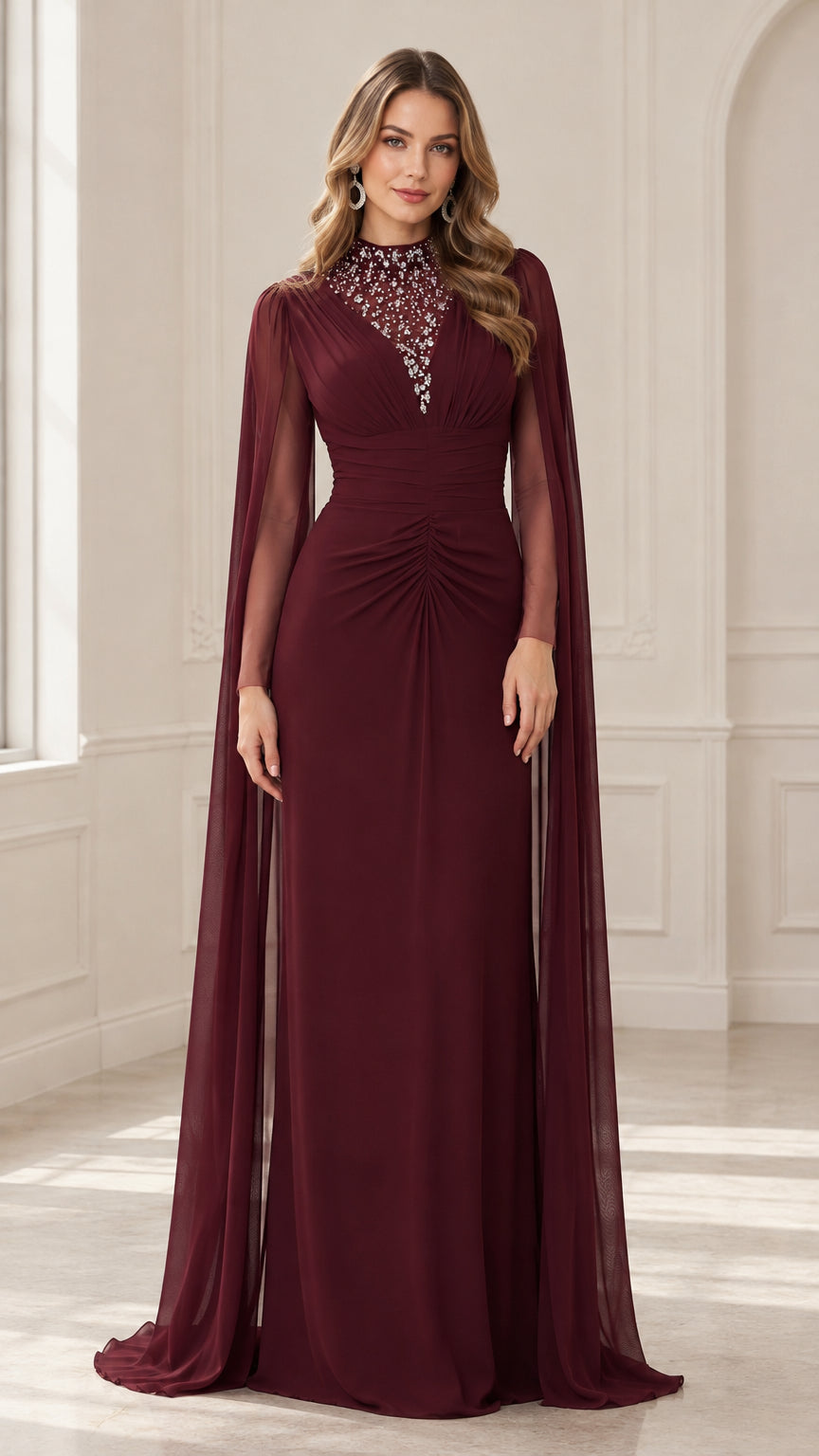 Front view of burgundy floor-length evening gown with beaded high neckline and cape sleeves