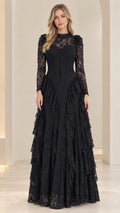 Front full-length view of woman wearing black illusion high-neck tiered lace evening gown