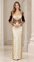 Front full view of burgundy and champagne gold embroidered velvet satin maxi gown