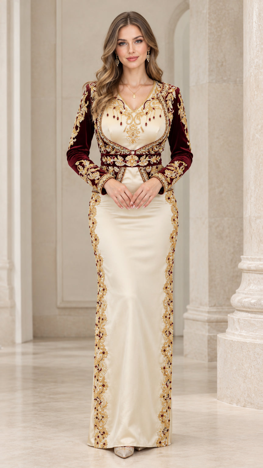 Front full view of burgundy and champagne gold embroidered velvet satin maxi gown