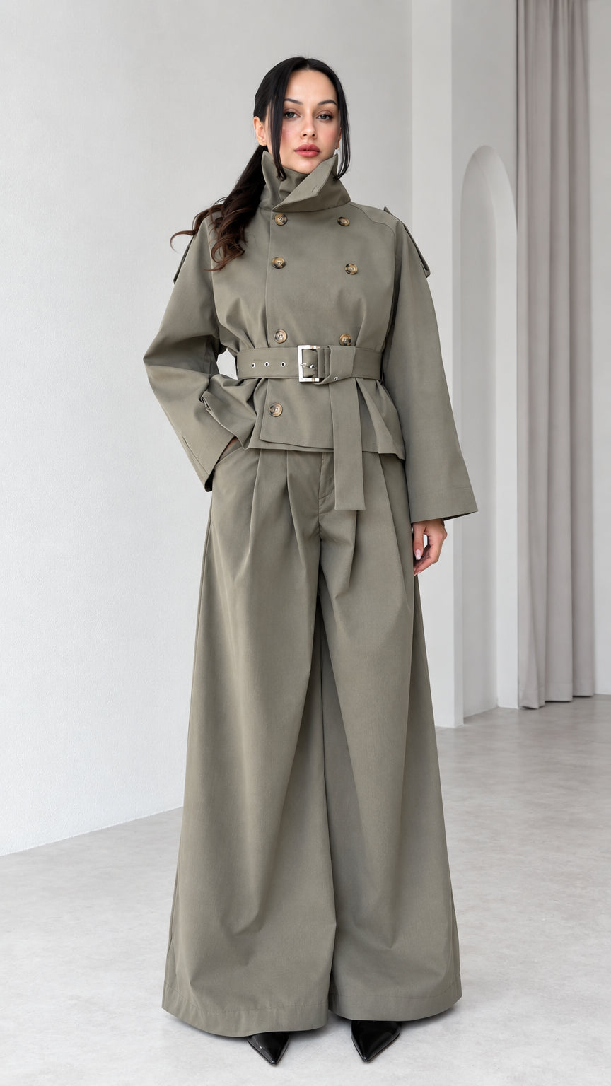 Front view of model wearing Sage Green cropped trench jacket and wide-leg trousers set