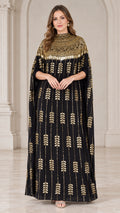 Front view of black kaftan maxi dress with gold sequin embellished neckline and cape sleeves