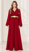 Full front view of Wine Red embroidered kaftan maxi dress with gold belt