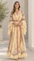 Champagne floral lace maxi dress with tiered bell sleeves front view