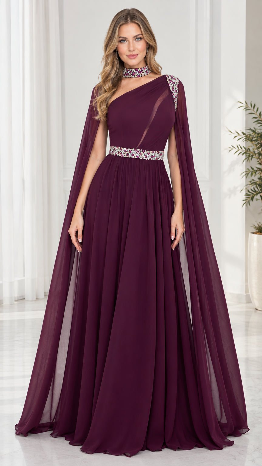 Full front view of model in Burgundy one-shoulder cape evening gown with beaded choker