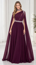 Full front view of model in Burgundy one-shoulder cape evening gown with beaded choker