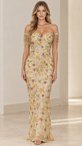 Champagne floral sequin embroidered off-the-shoulder evening gown front view