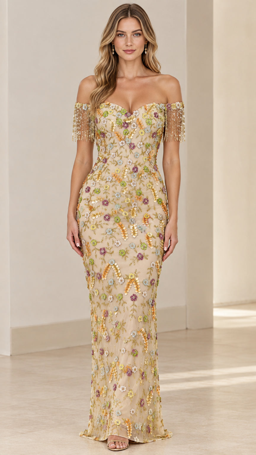 Champagne floral sequin embroidered off-the-shoulder evening gown front view