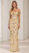 Front view of model wearing Champagne floral embellished off-the-shoulder evening gown with beaded fringe