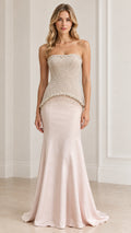 Front full-length view of model wearing Champagne strapless tweed corset evening gown with beaded fringe