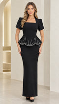 Black square neck peplum maxi dress with rhinestone detailing front view