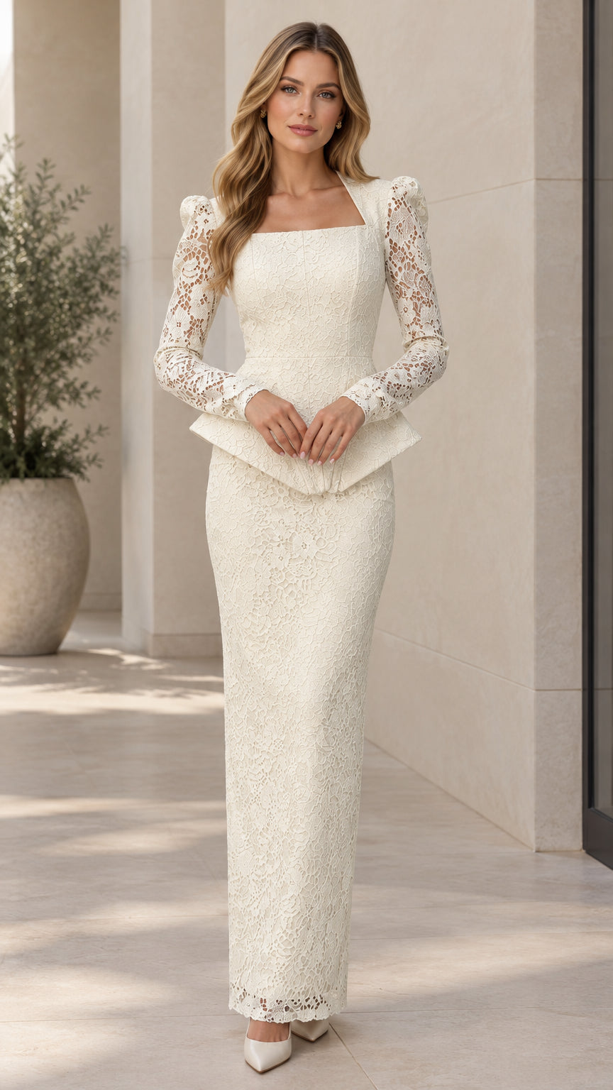 Full-length front view of model wearing ivory long sleeve lace peplum maxi dress