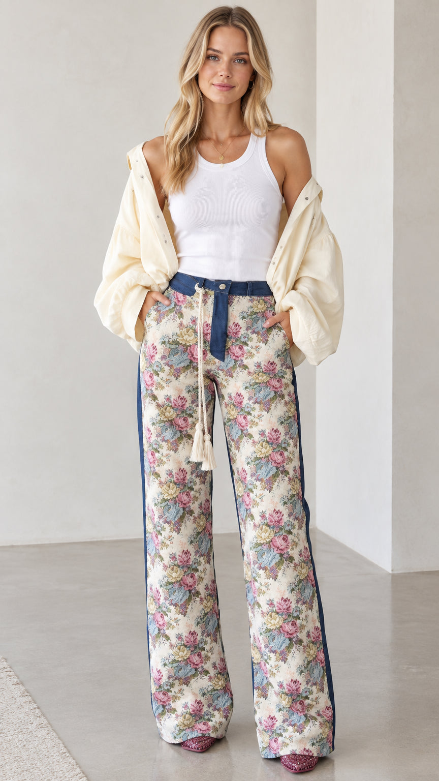 Front full view of woman wearing Cream Floral wide-leg pants with denim waistband