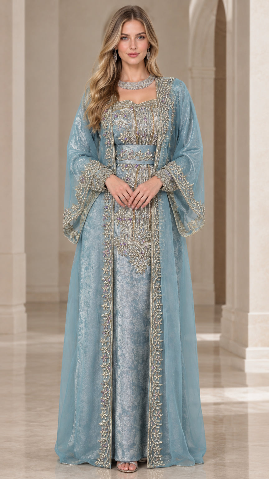 Full front view of elegant dusty blue embroidered kaftan maxi dress with flared sleeves
