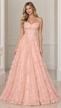 Front view of model wearing Blush Pink strapless sweetheart 3D floral corset evening gown