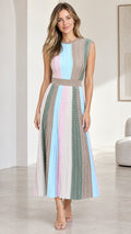 Front view of model wearing taupe multi sleeveless striped knit midi dress