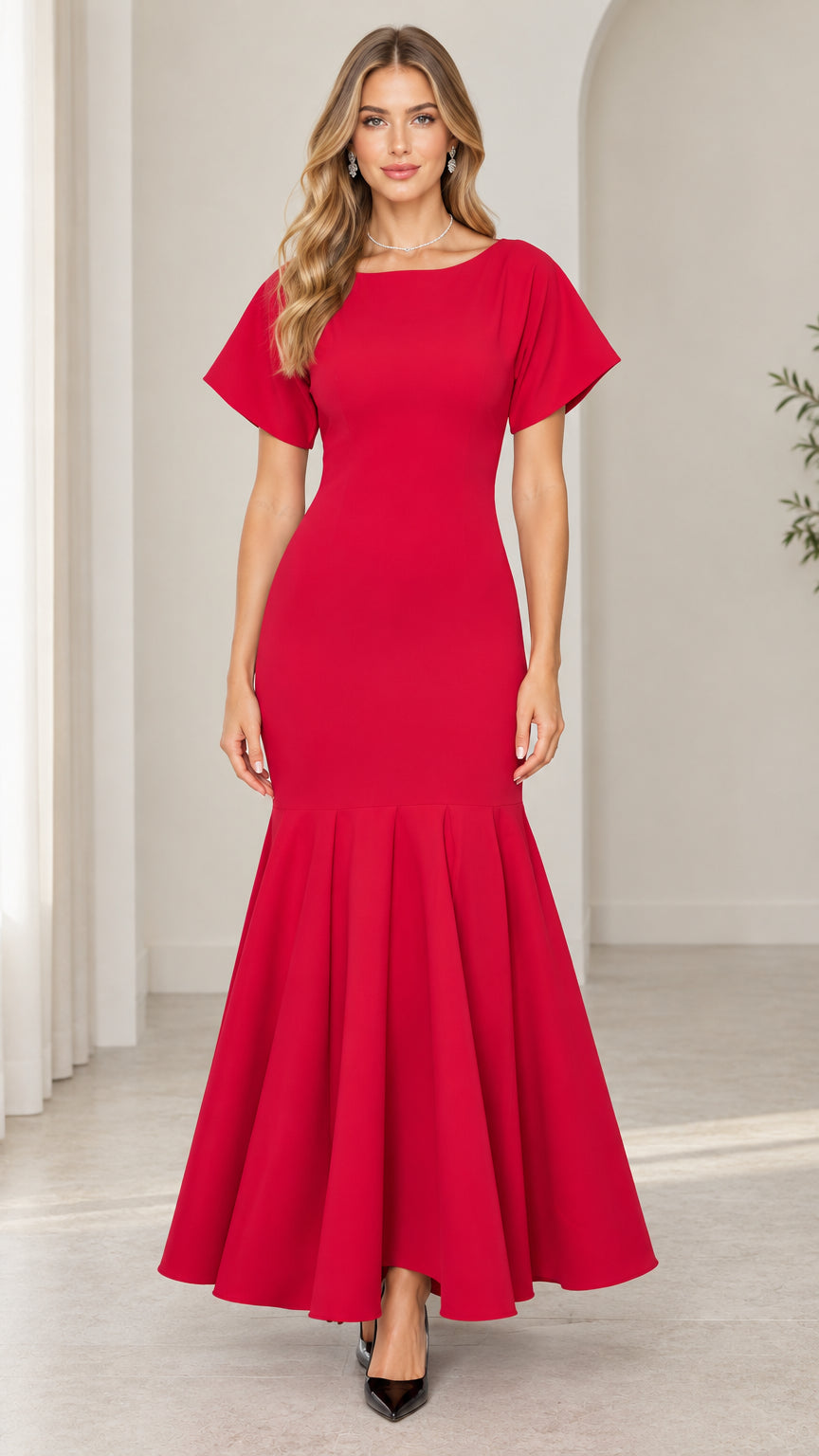 Front view of woman wearing elegant red short sleeve mermaid maxi gown