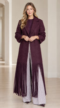 Front full-length view of model wearing Burgundy textured bouclé fringe hem longline coat