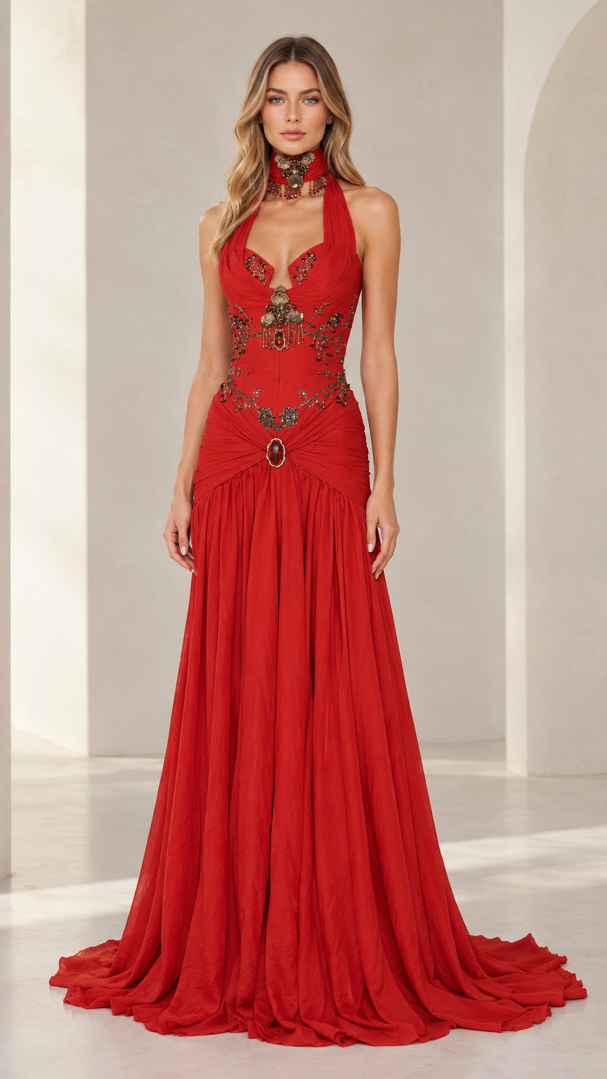 Front full-length view of model in red halter neck beaded corset evening gown