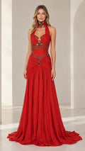 Front full-length view of model in red halter neck beaded corset evening gown