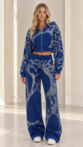 Front full view of woman wearing Royal Blue rhinestone cropped hoodie and wide-leg sweatpants set